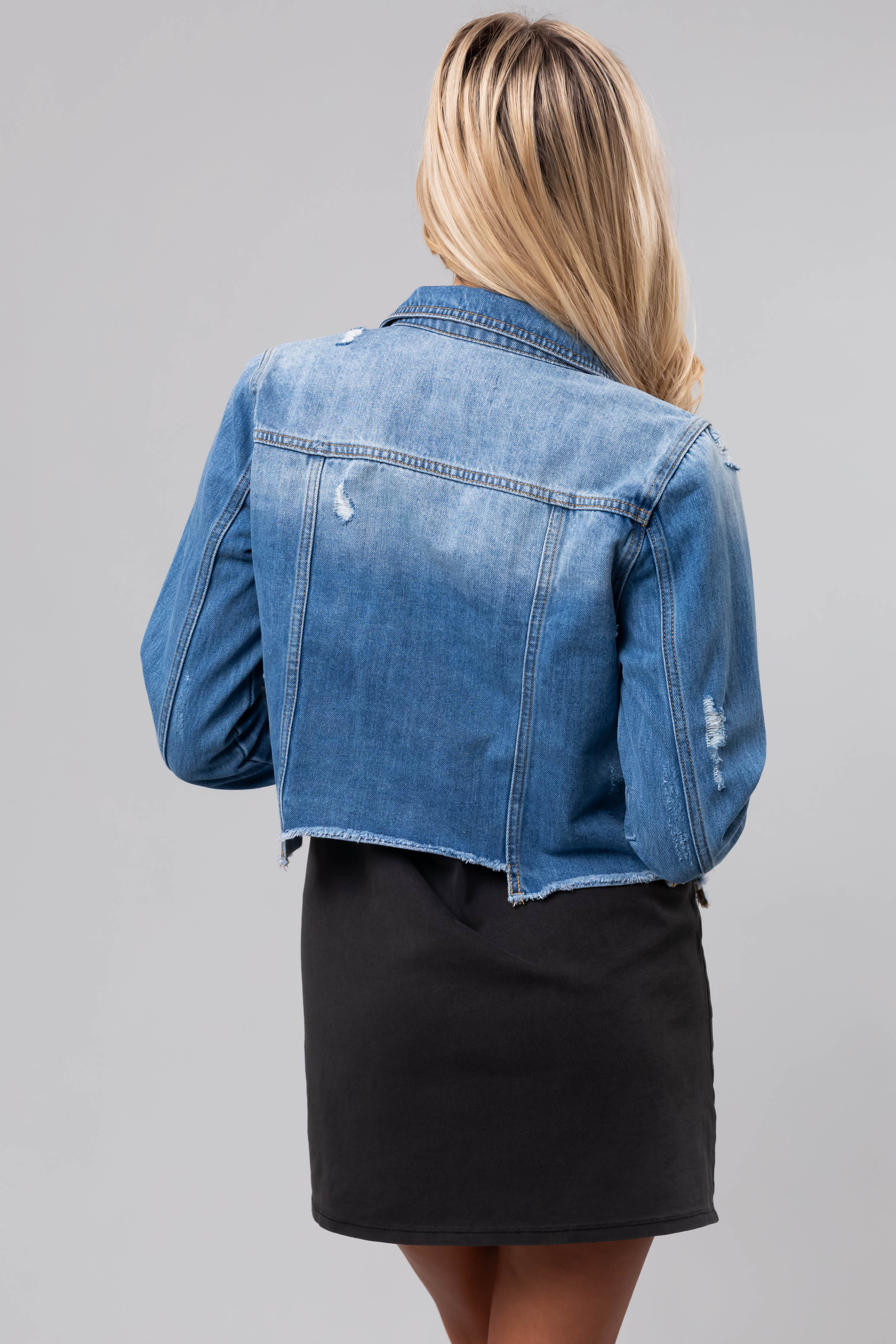 KanCan Medium Wash Denim Distressed Jacket