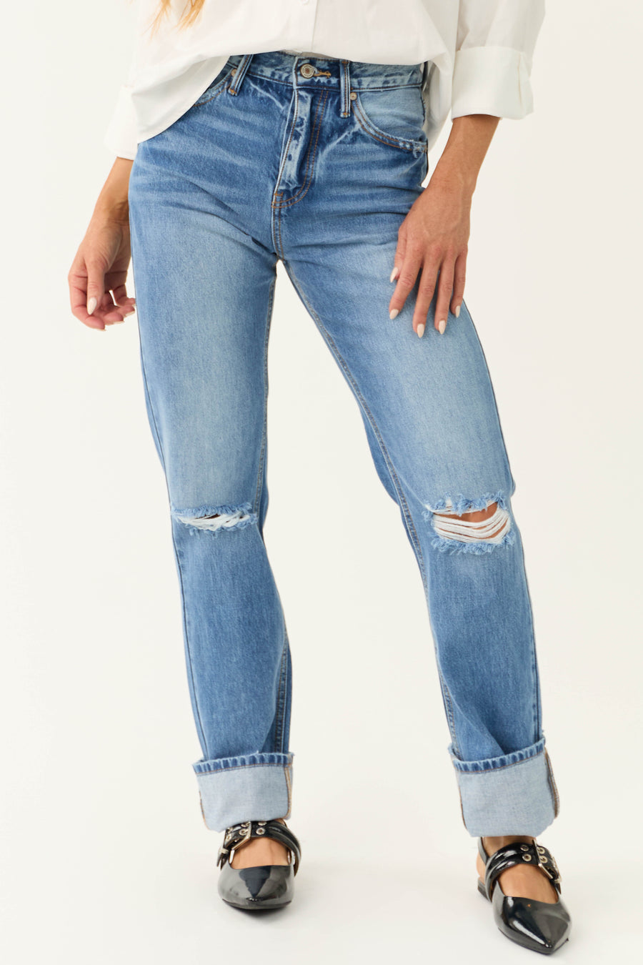 KanCan Medium Wash Distressed High Rise Straight Jeans