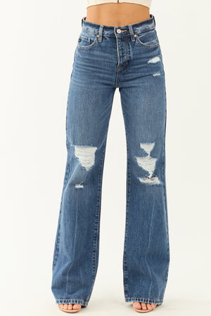 KanCan Medium Wash Distressed High Rise Straight Leg Jeans