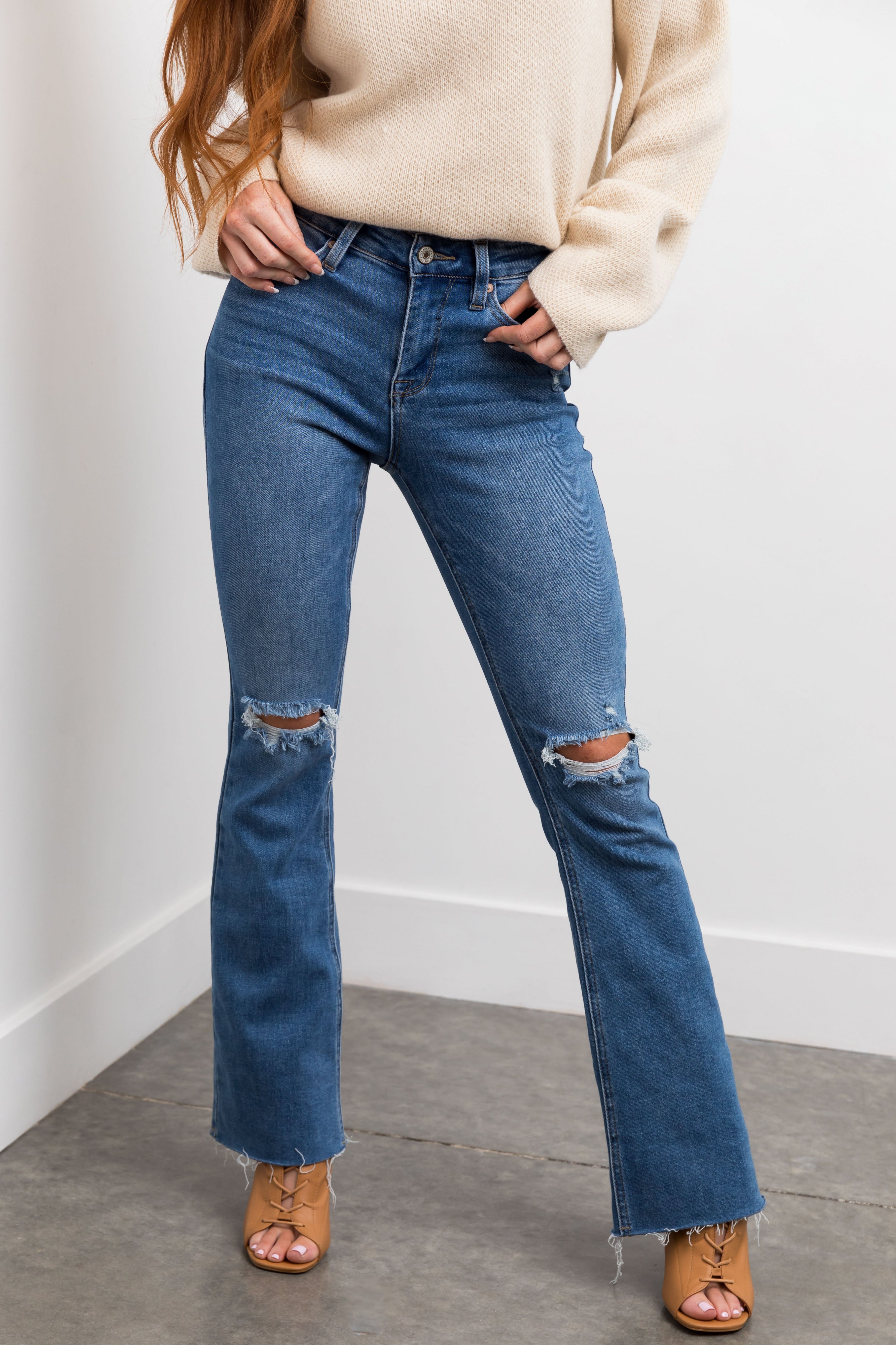 KanCan Medium Wash Distressed Knee Flare Leg Jeans