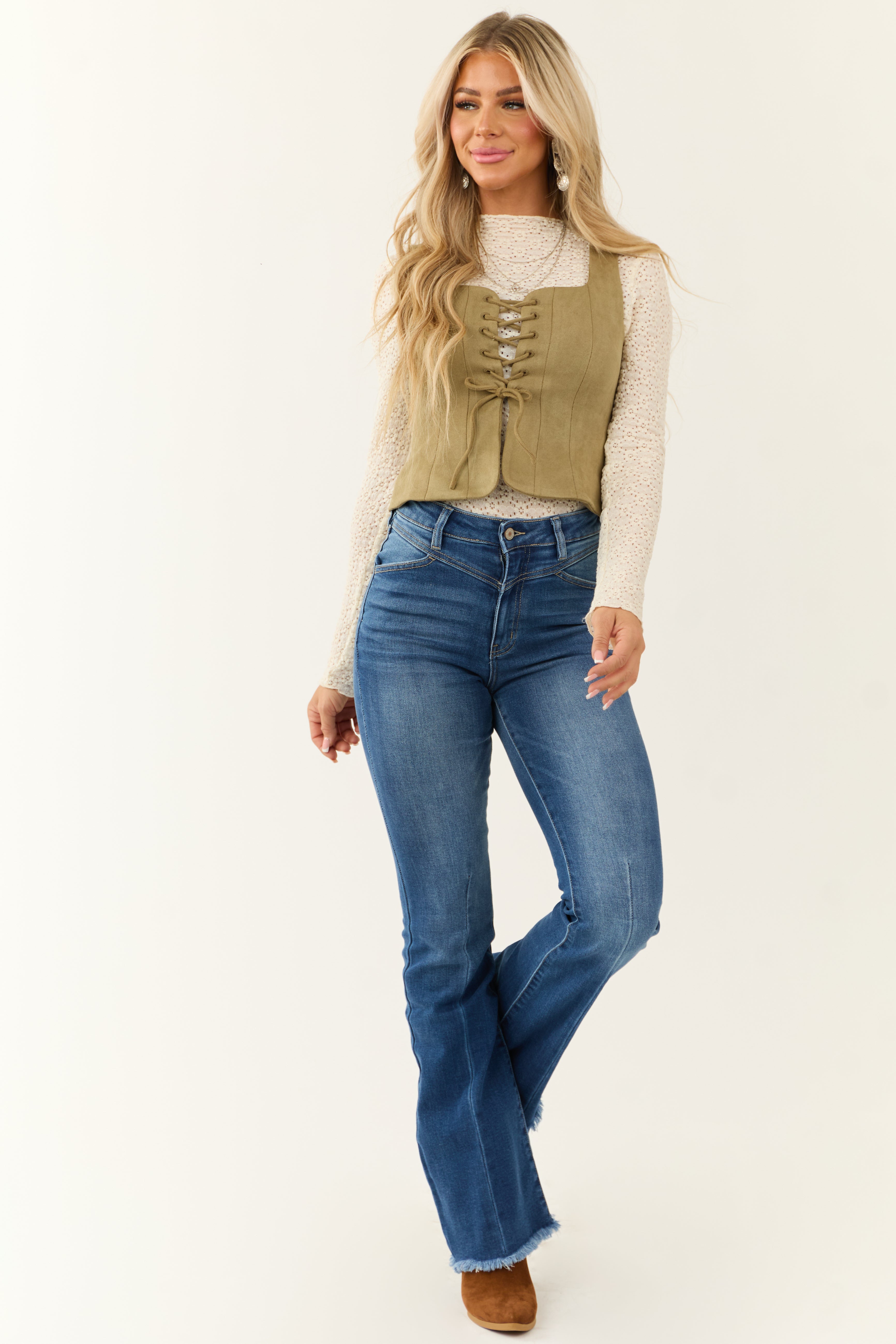 KanCan Medium Wash High Rise Frayed Hem Flare Jeans