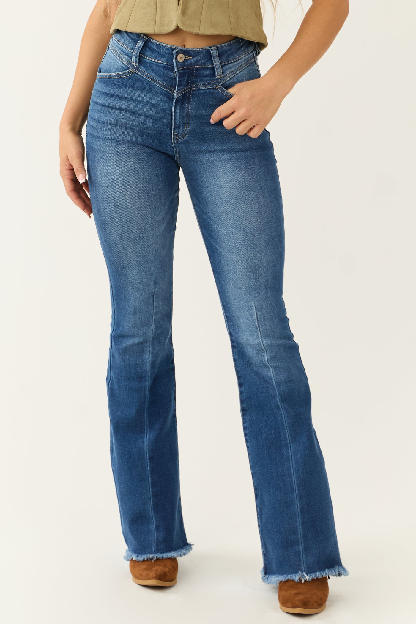 KanCan Medium Wash High Rise Frayed Hem Flare Jeans