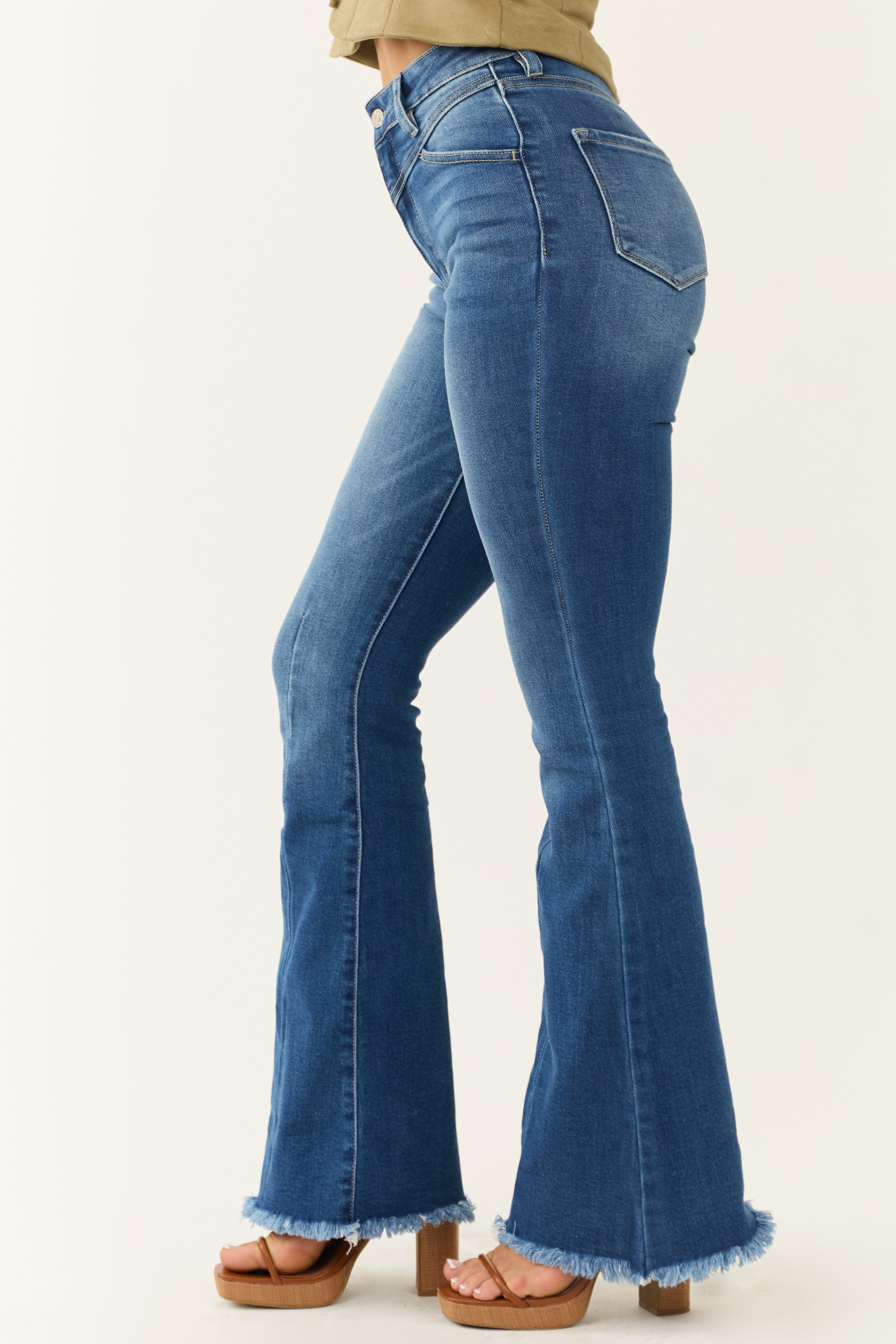 KanCan Medium Wash High Rise Frayed Hem Flare Jeans