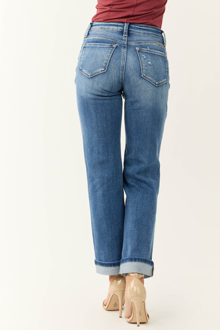 KanCan Medium Wash Mid Rise Cuffed Straight Jeans