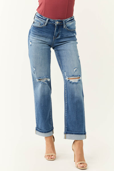 KanCan Medium Wash Mid Rise Cuffed Straight Jeans