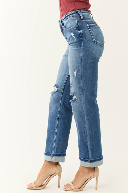 KanCan Medium Wash Mid Rise Cuffed Straight Jeans