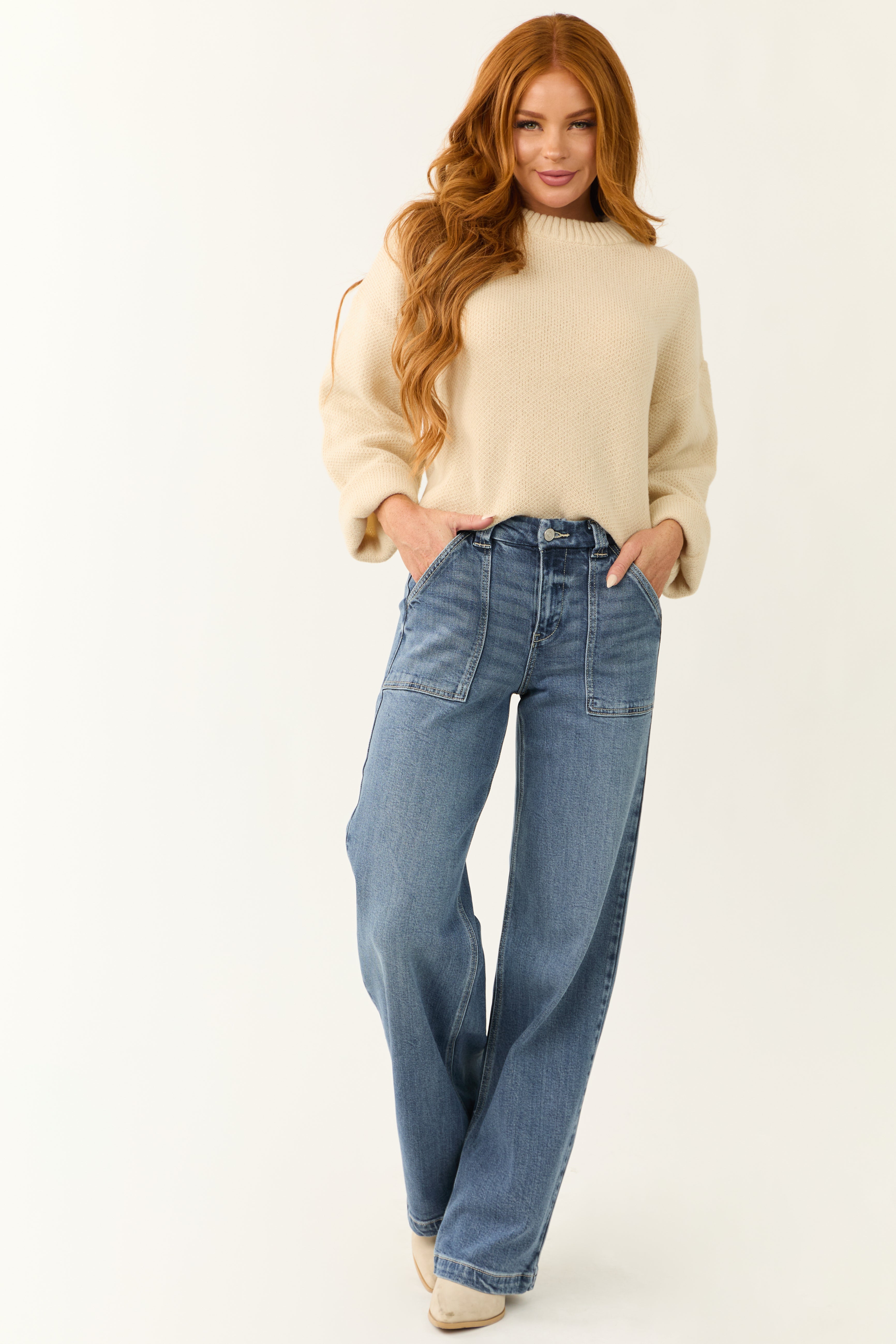 KanCan Medium Wash Wide Leg Slant Pocket Jeans