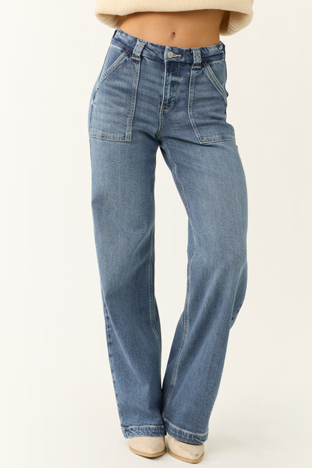 KanCan Medium Wash Wide Leg Slant Pocket Jeans