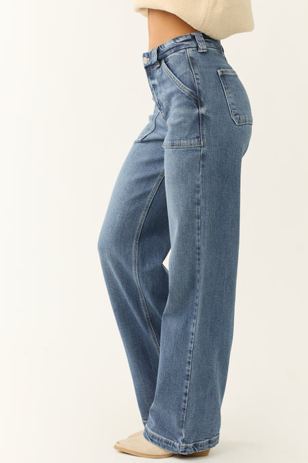 KanCan Medium Wash Wide Leg Slant Pocket Jeans