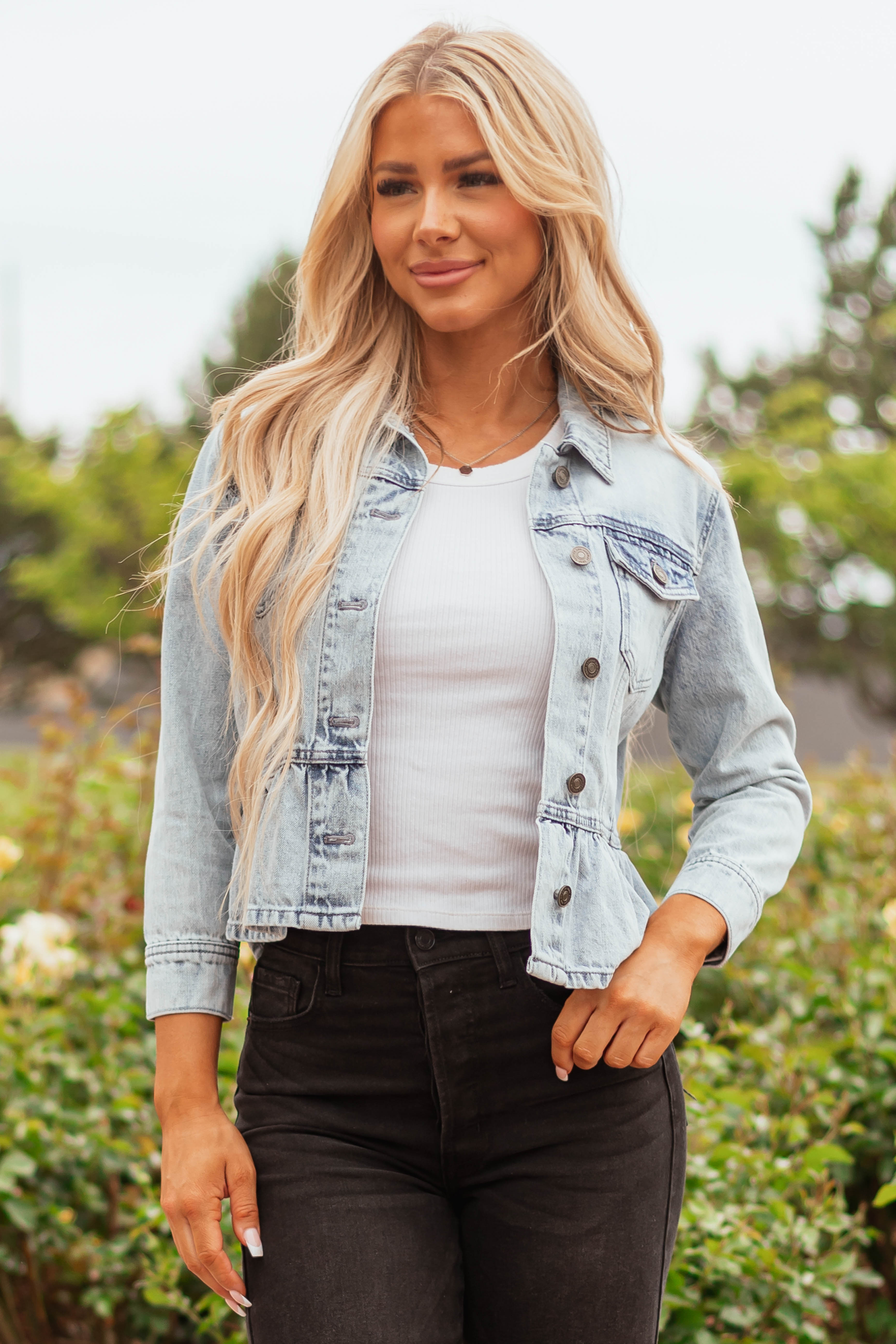 KanCan Light Wash Denim Peplum Jacket