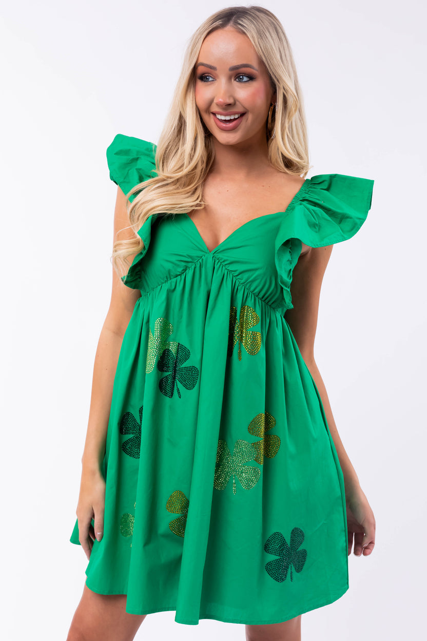 Kelly Green Clover Rhinestone Mini Dress