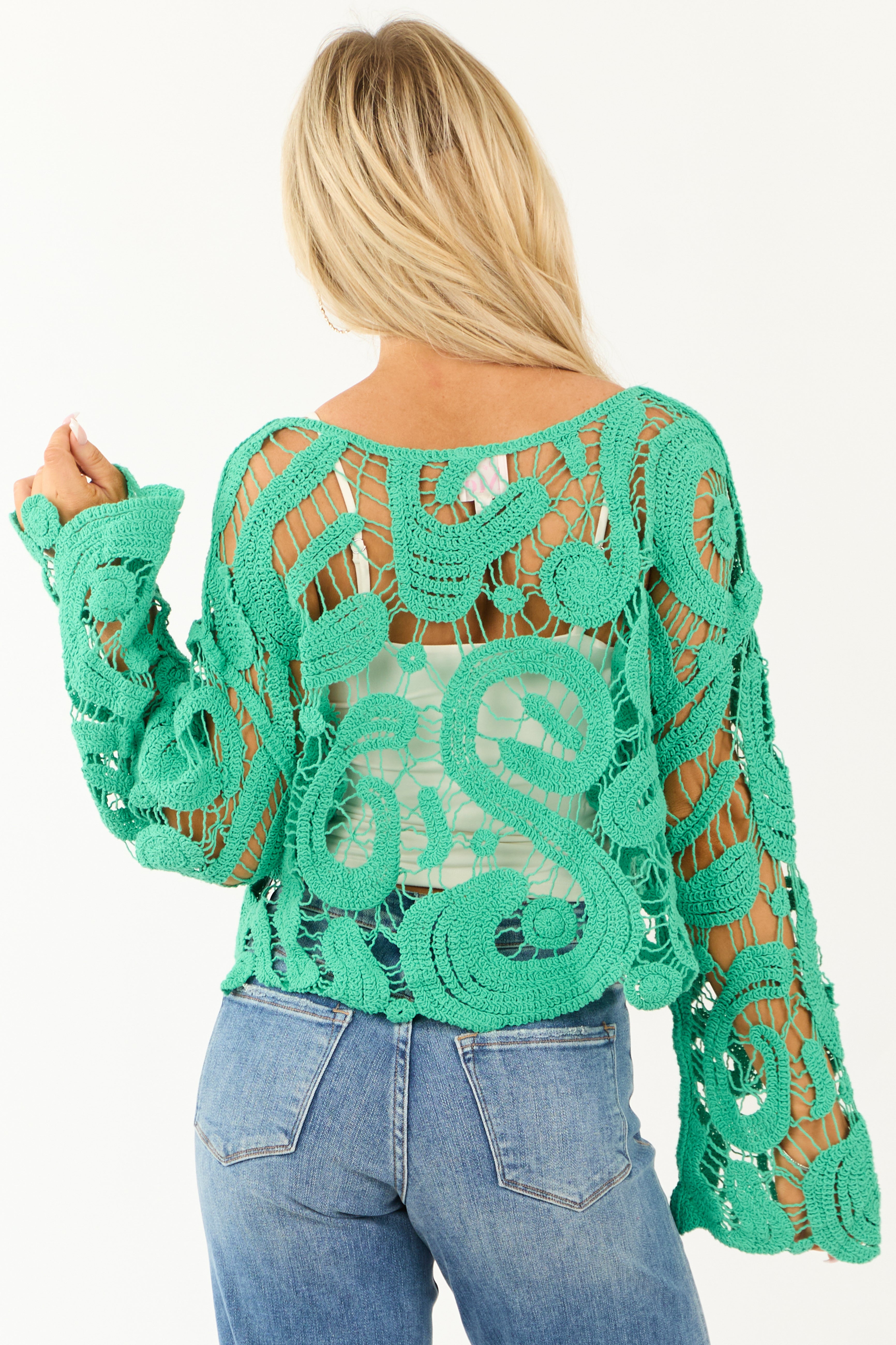 Kelly Green Crochet Lace Long Flare Sleeve Top