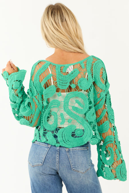 Kelly Green Crochet Lace Long Flare Sleeve Top