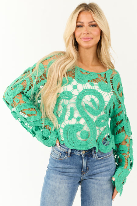 Kelly Green Crochet Lace Long Flare Sleeve Top