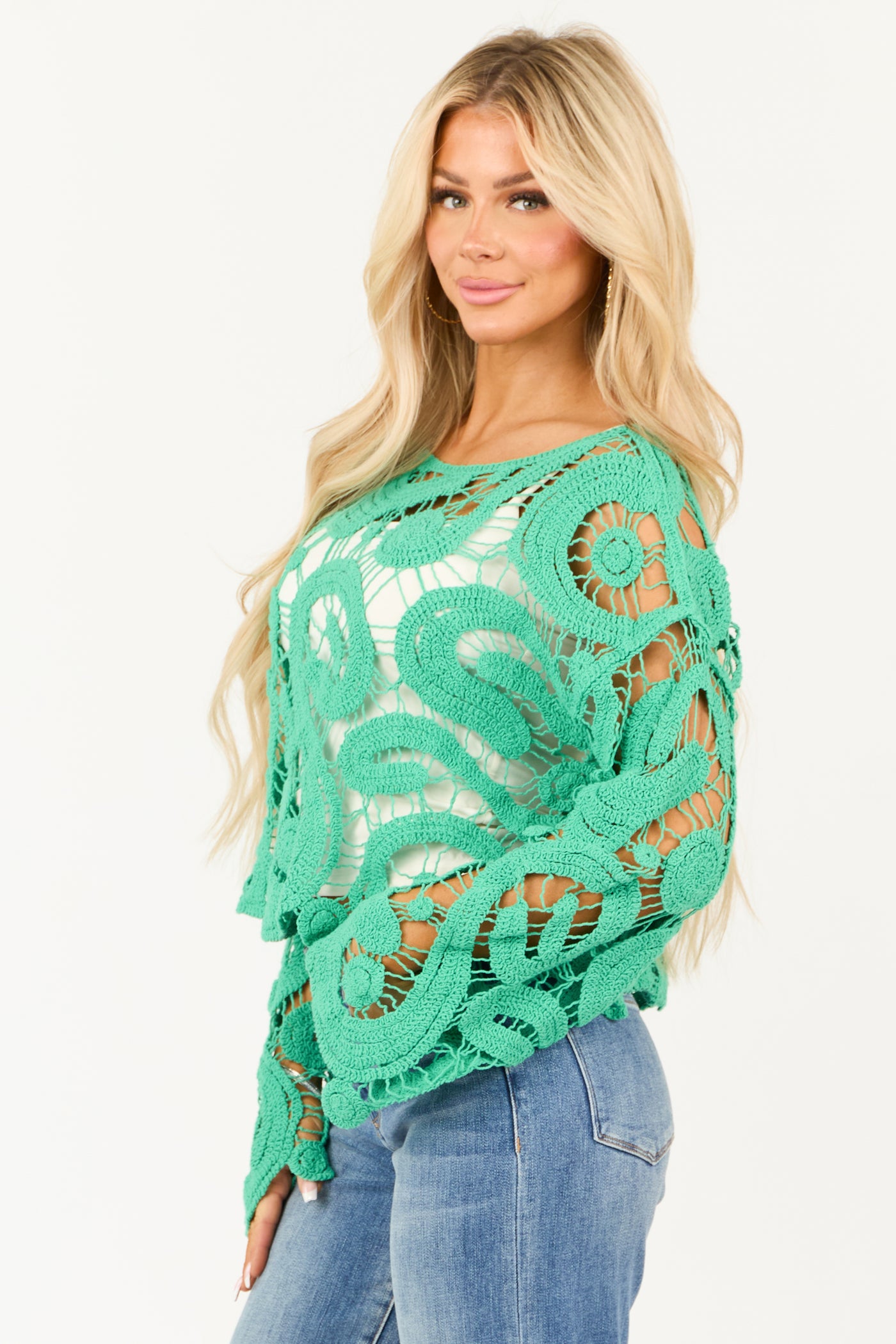 Kelly Green Crochet Lace Long Flare Sleeve Top