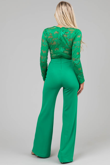 Kelly Green Deep V Lace Belted Jumpsuit