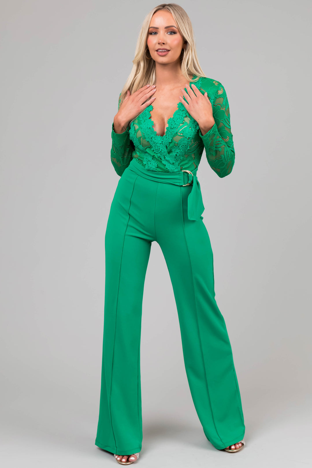 Kelly Green Deep V Lace Belted Jumpsuit And Lime Lush 6694