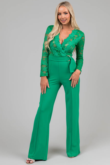 Kelly Green Deep V Lace Belted Jumpsuit