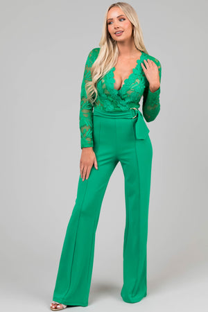 Kelly Green Deep V Lace Belted Jumpsuit