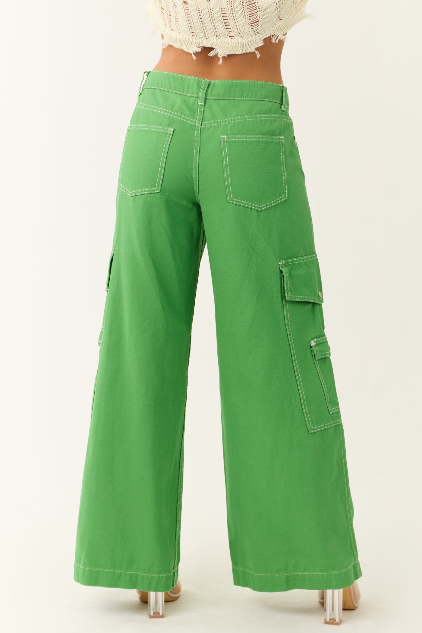 Kelly Green Denim Wide Leg Cargo Pants