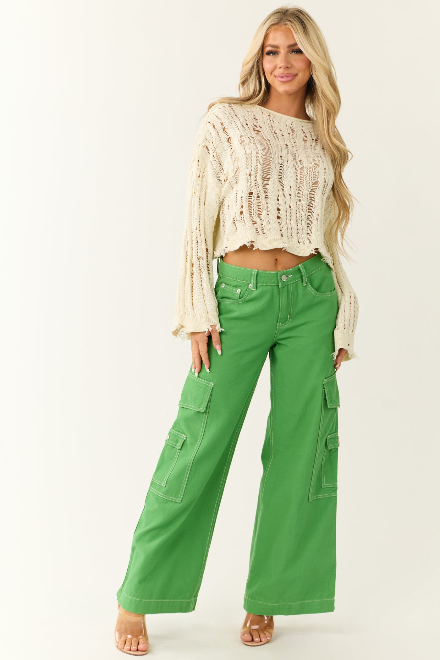 Kelly Green Denim Wide Leg Cargo Pants