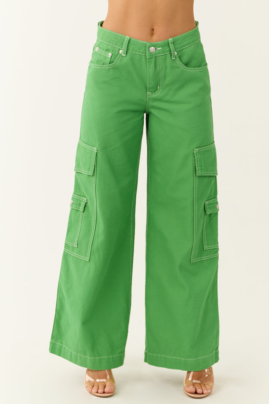 Kelly Green Denim Wide Leg Cargo Pants