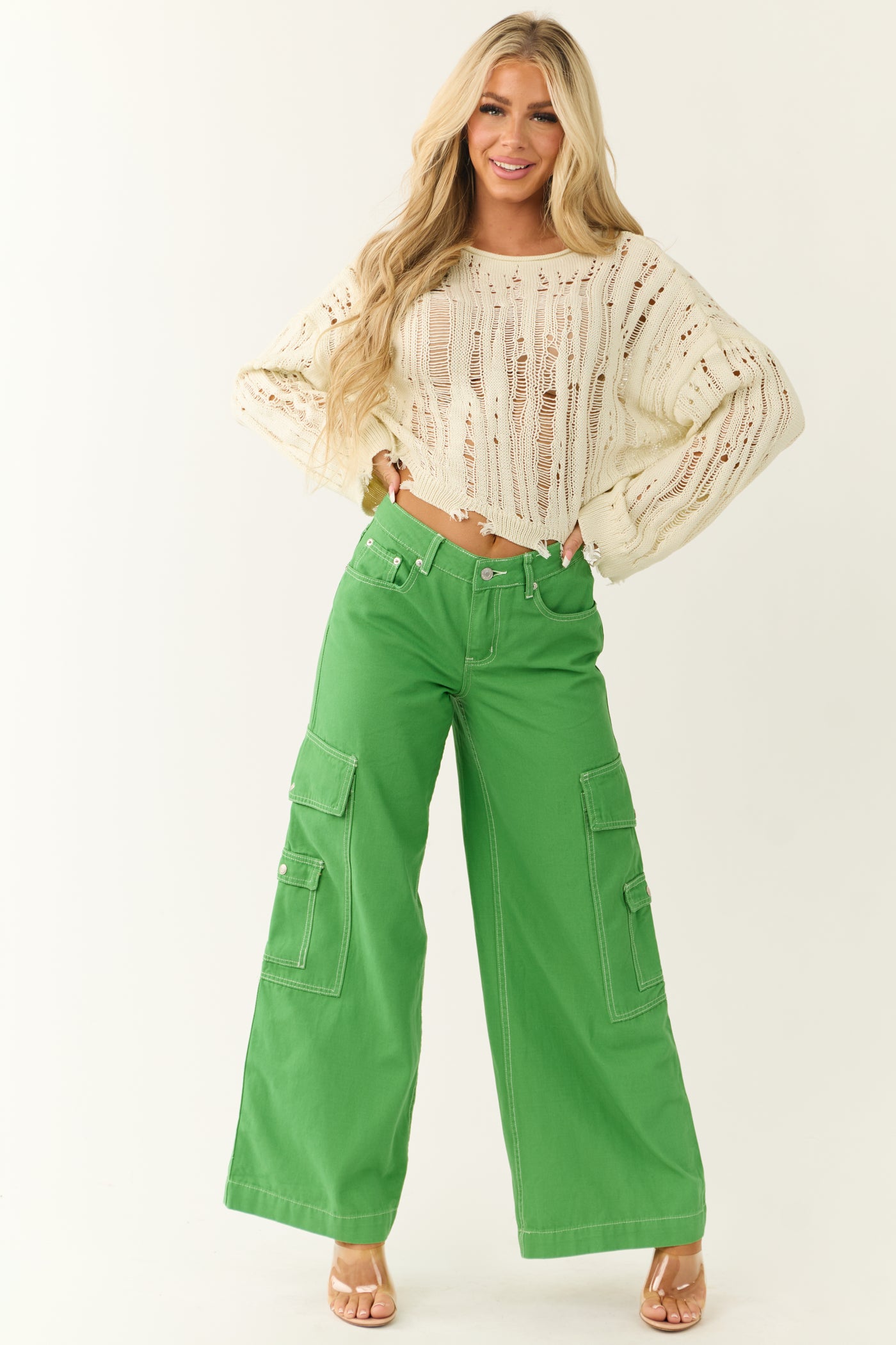 Kelly Green Denim Wide Leg Cargo Pants