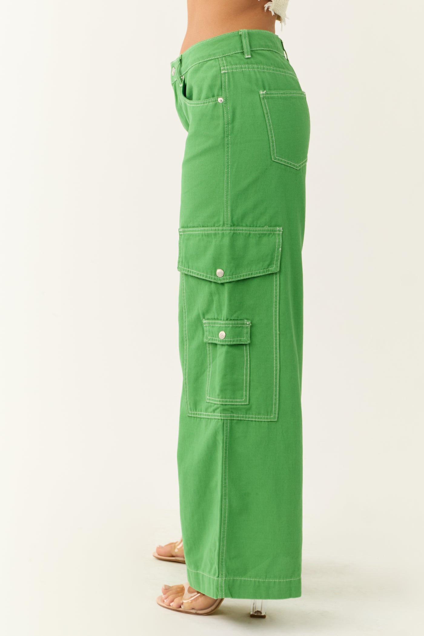 Kelly Green Denim Wide Leg Cargo Pants