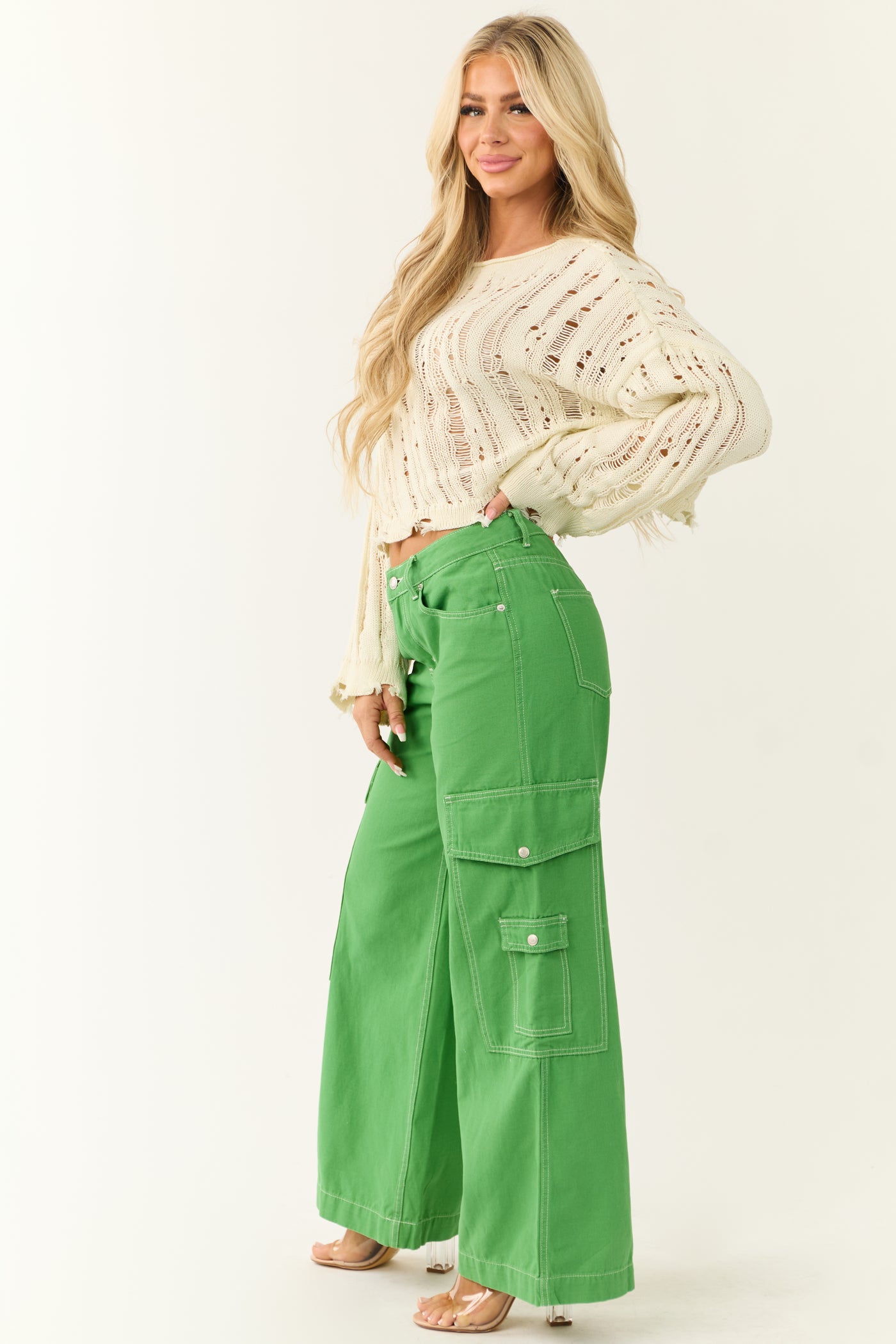 Kelly Green Denim Wide Leg Cargo Pants