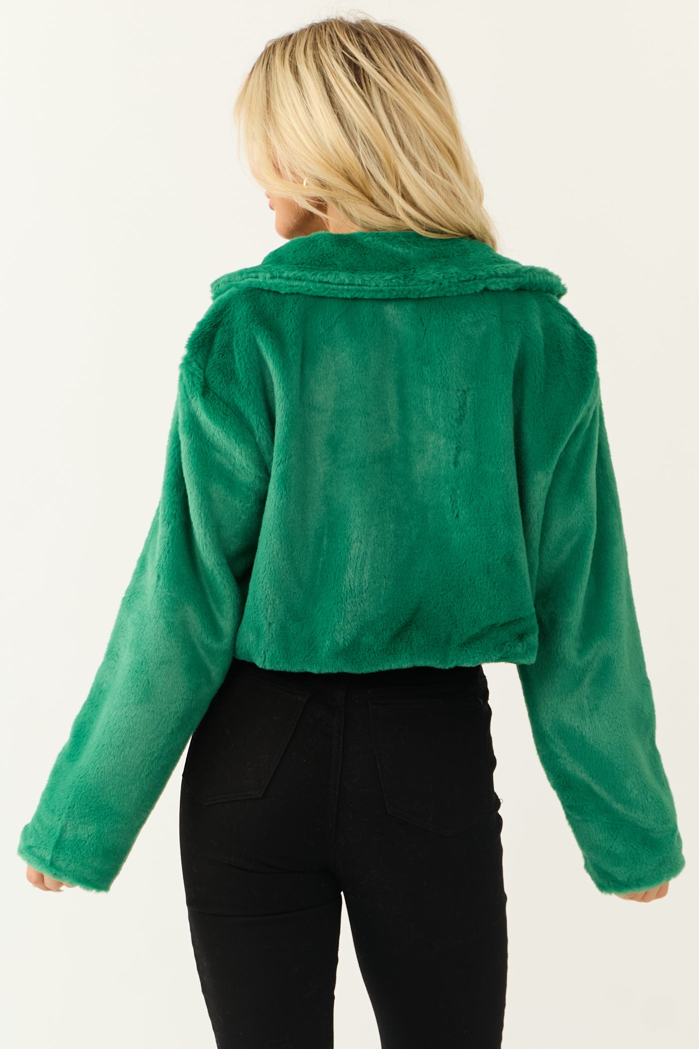 Kelly Green Faux Fur Long Sleeve Cropped Jacket