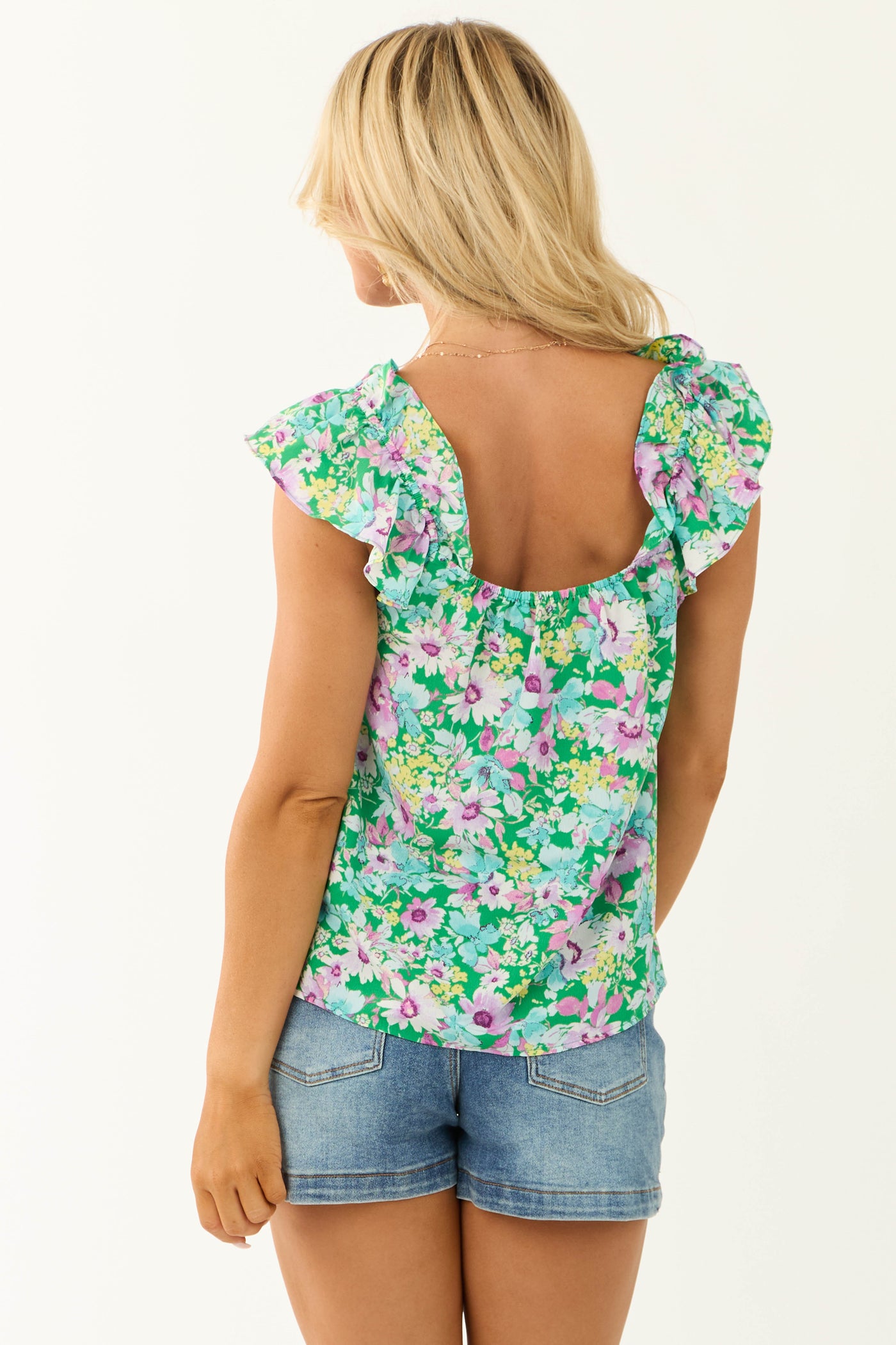 Kelly Green Floral Print Square Neck Blouse