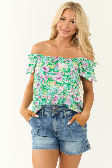 Kelly Green Floral Print Square Neck Blouse