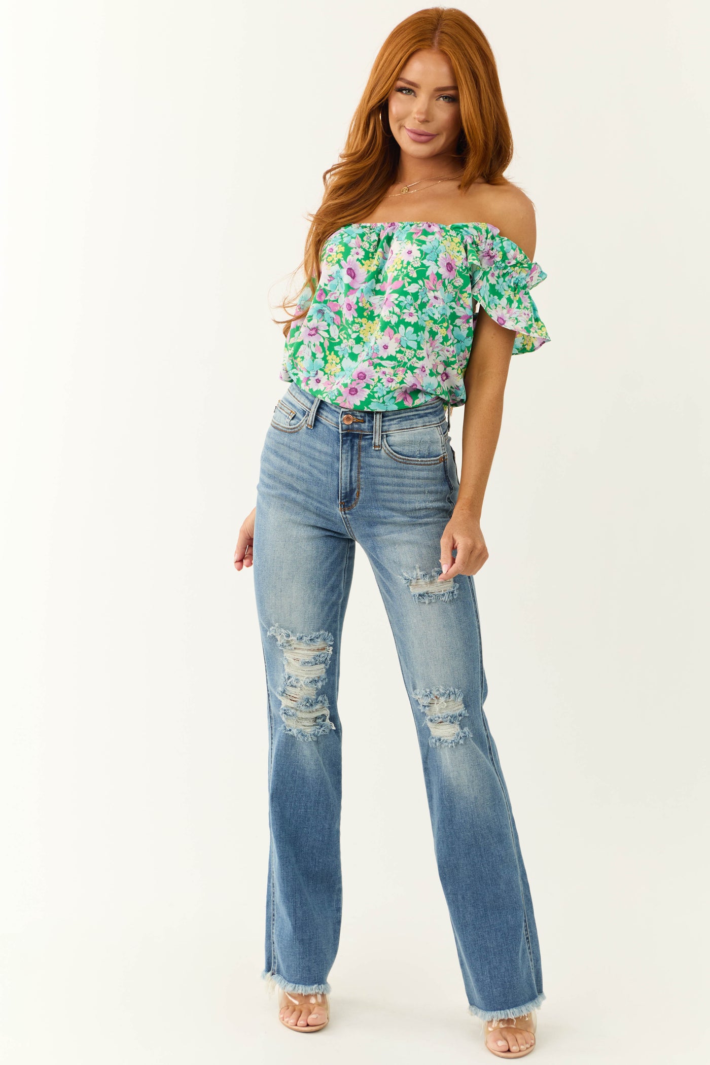 Kelly Green Floral Print Square Neck Blouse