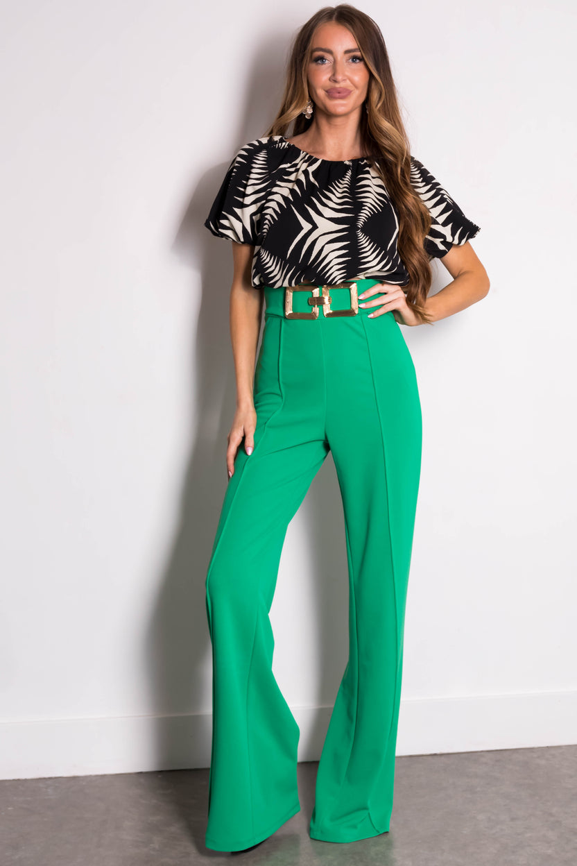 Kelly Green Gold Buckle Wide Leg Pants