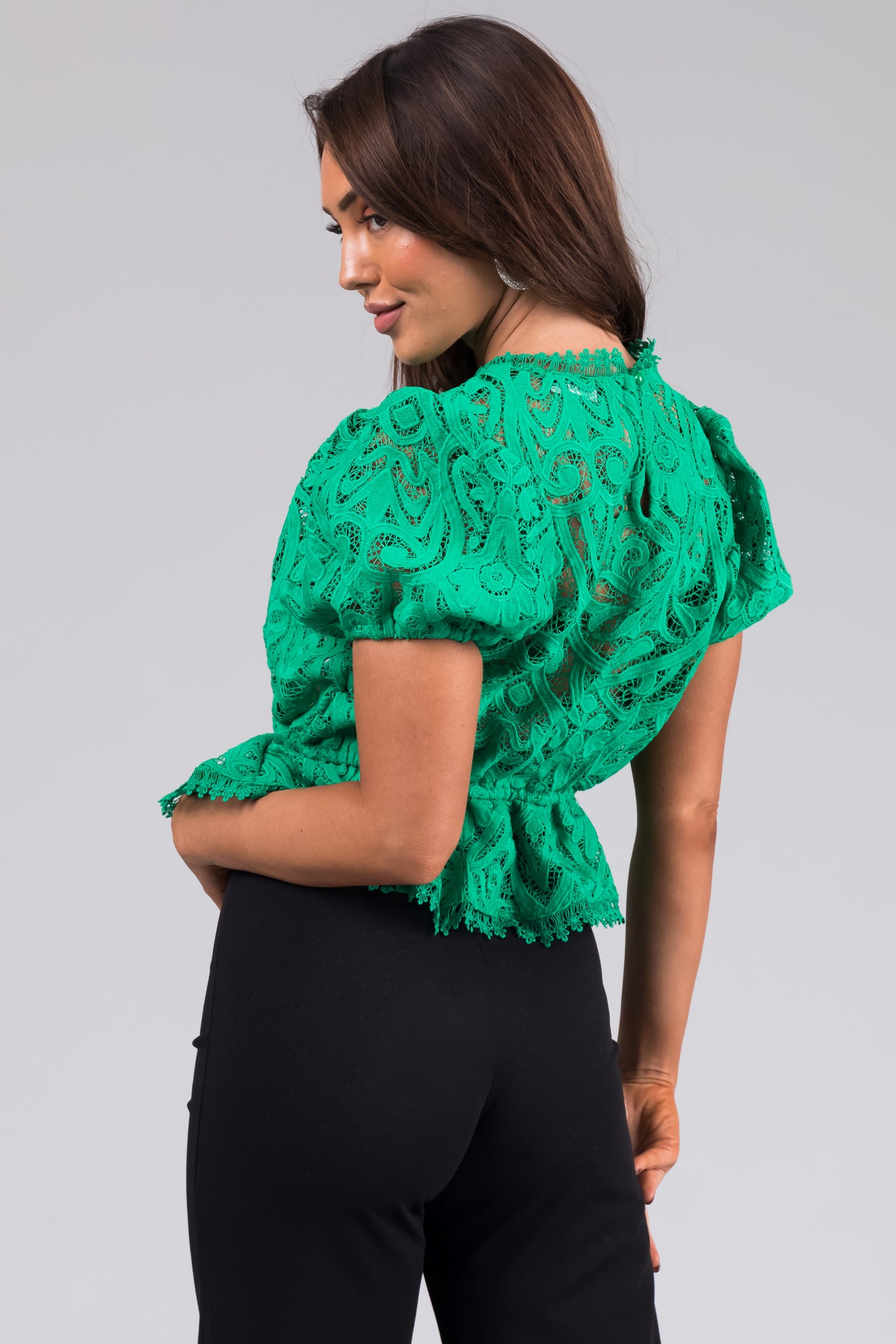 Kelly Green Lace Puff Sleeve Peplum Top