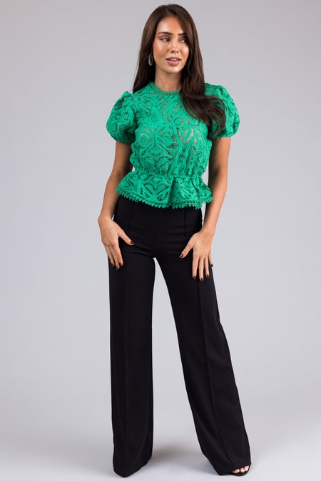 Kelly Green Lace Puff Sleeve Peplum Top