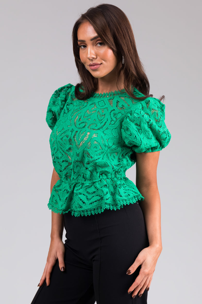 Kelly Green Lace Puff Sleeve Peplum Top