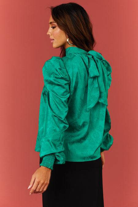 Kelly Green Leaf Jacquard Puff Shoulder Satin Top