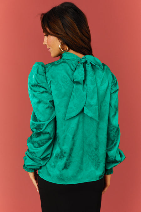 Kelly Green Leaf Jacquard Puff Shoulder Satin Top