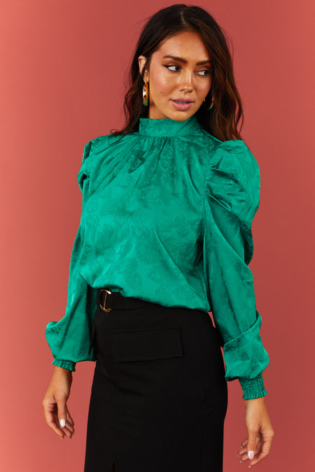 Kelly Green Leaf Jacquard Puff Shoulder Satin Top