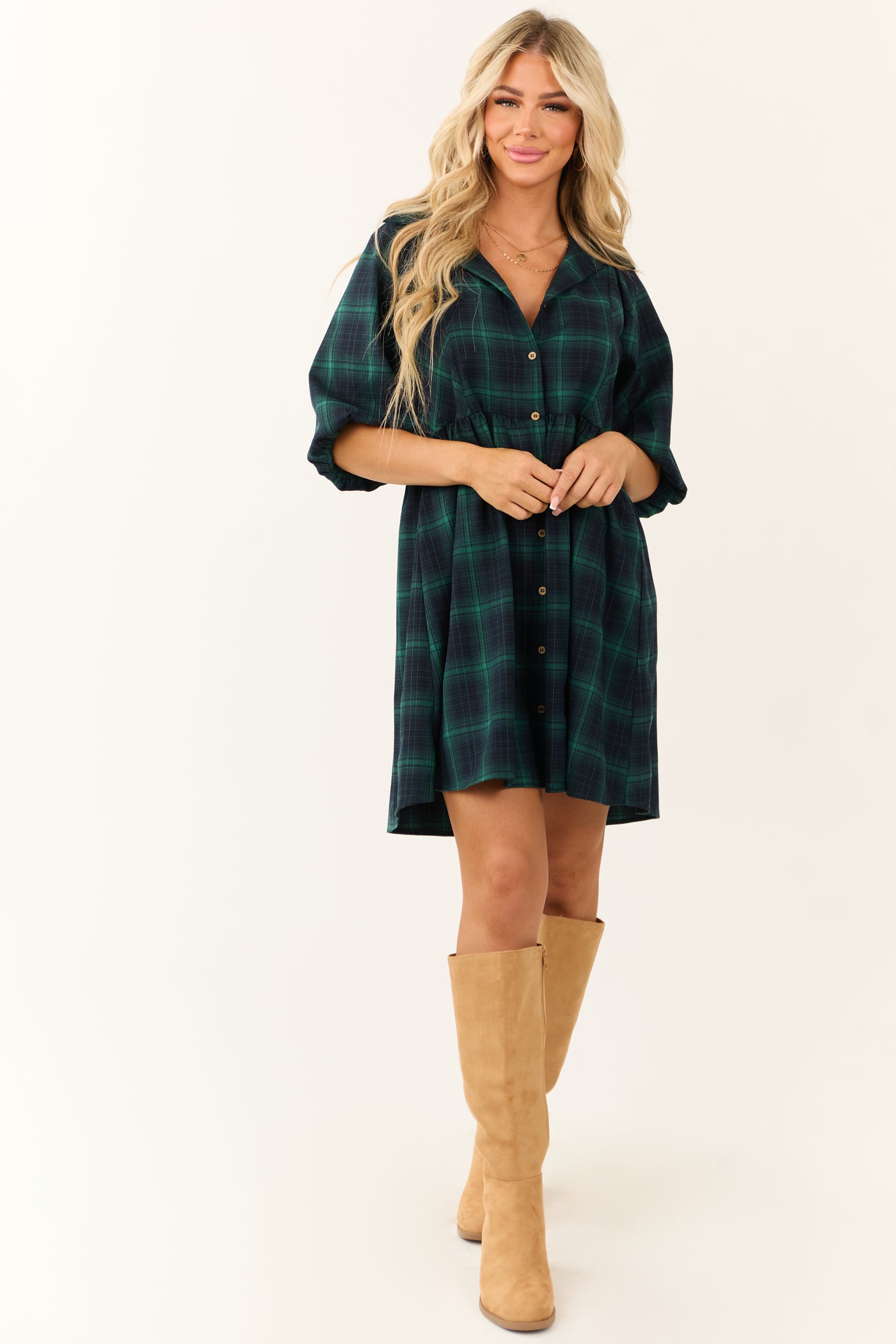 Kelly Green Plaid Button Down Short Dress