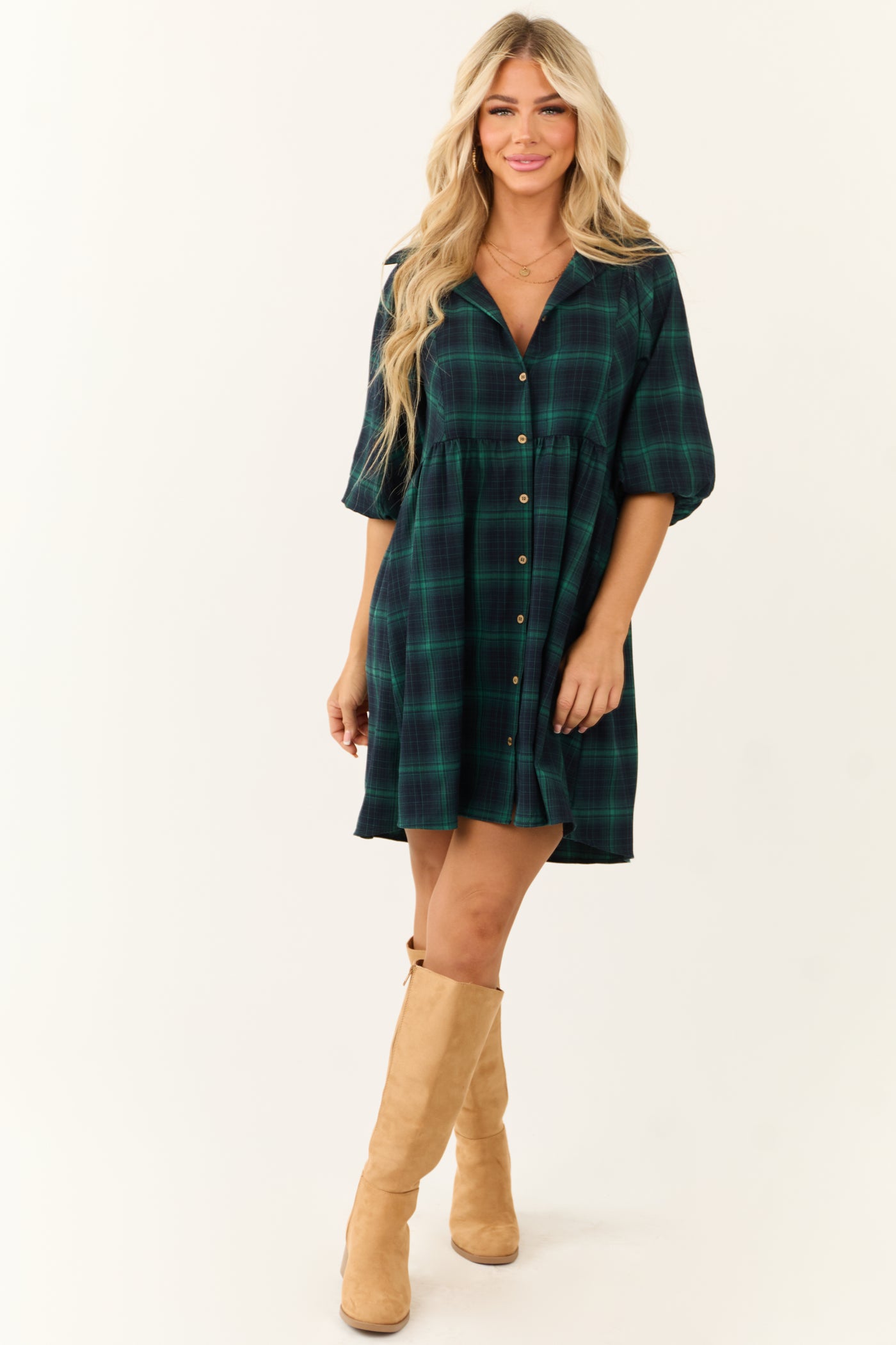 Kelly Green Plaid Button Down Short Dress