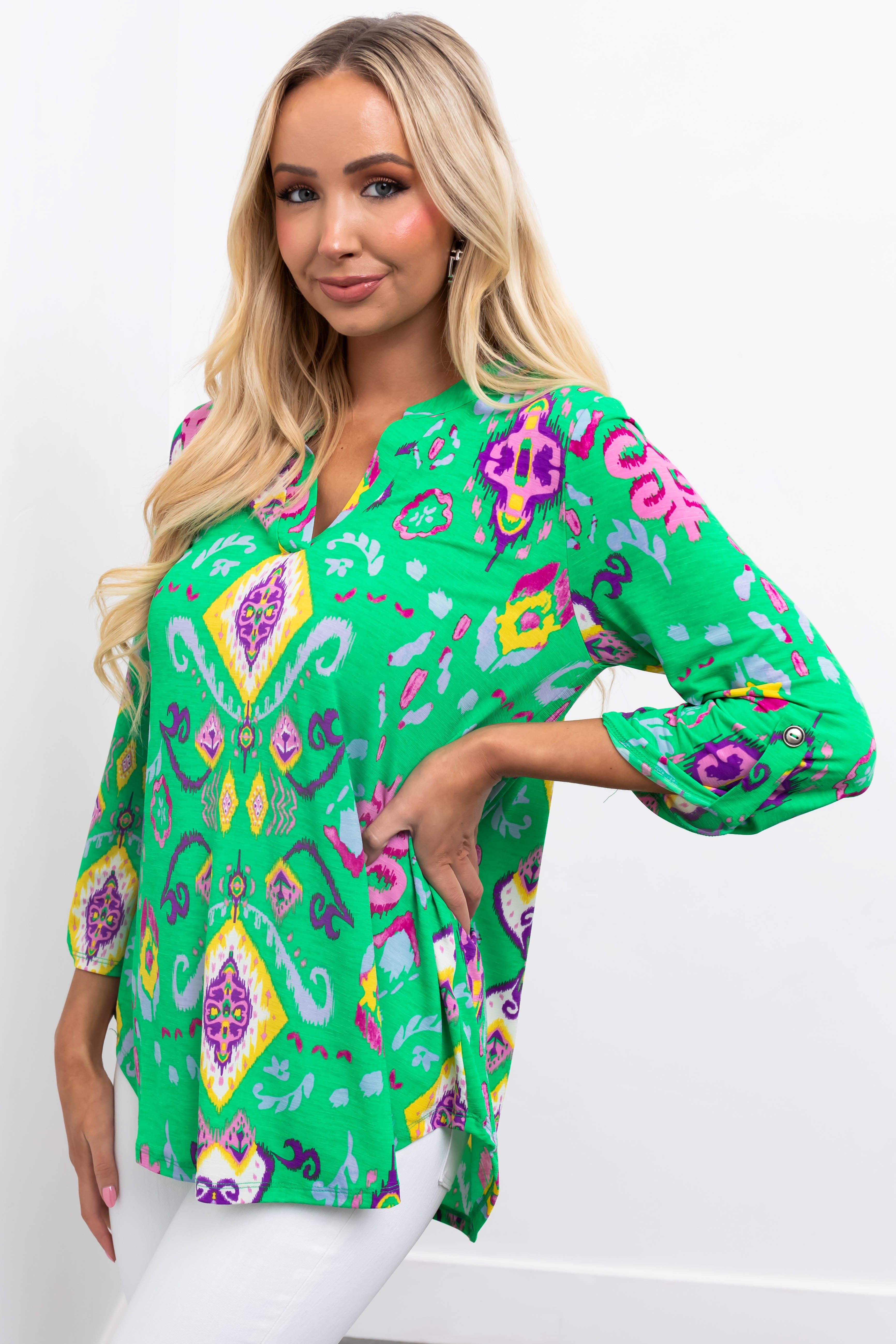 Kelly Green Printed 3/4 Sleeve Blouse