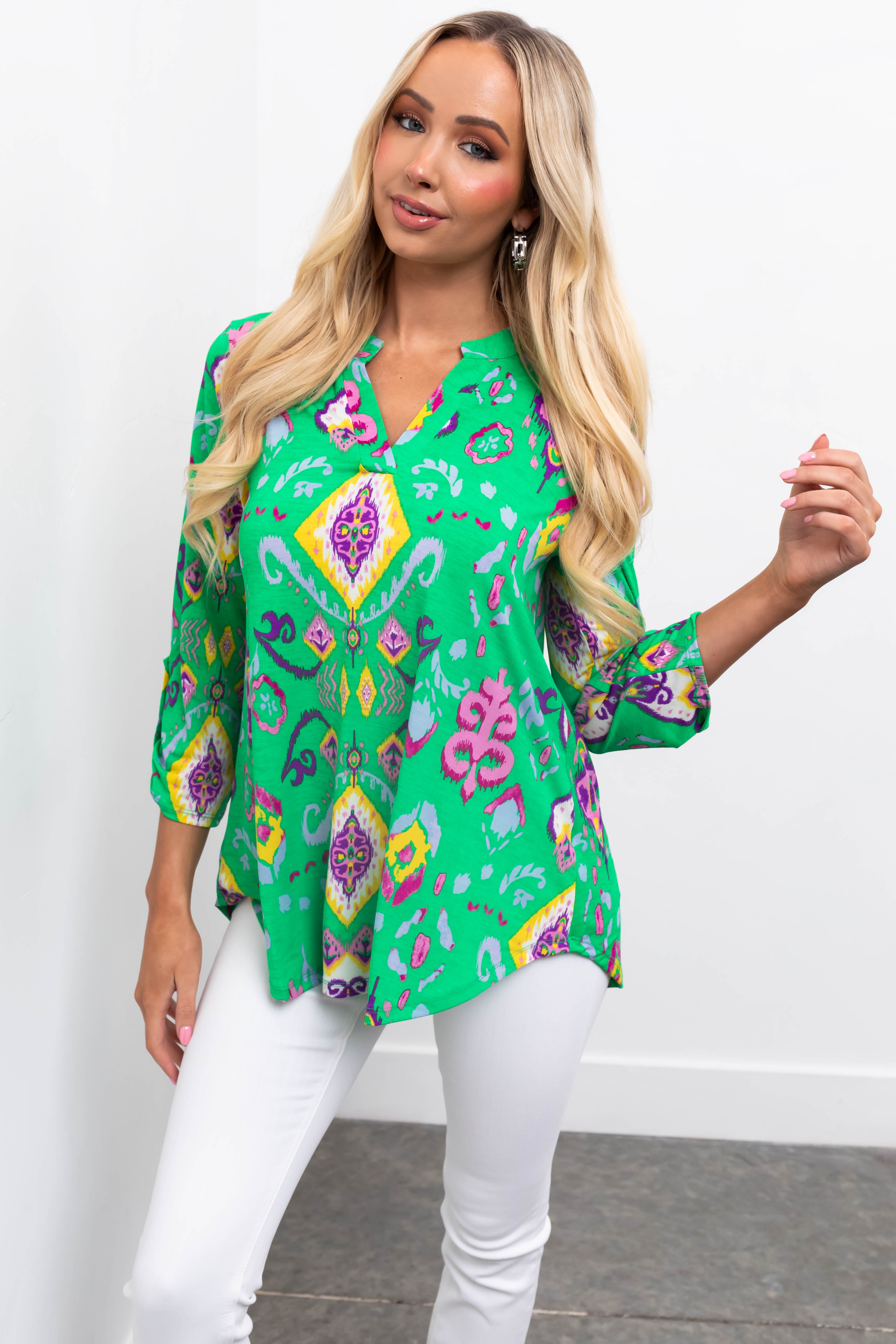 Kelly Green Printed 3/4 Sleeve Blouse