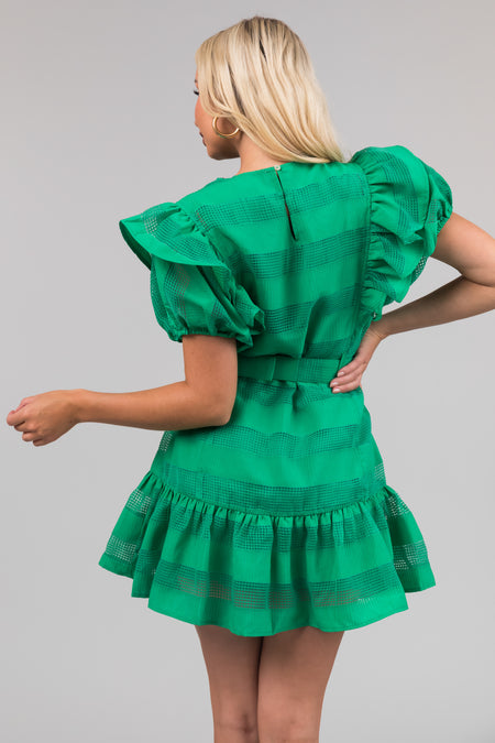 Kelly Green Ruffle Belted Waist Striped Mini Dress