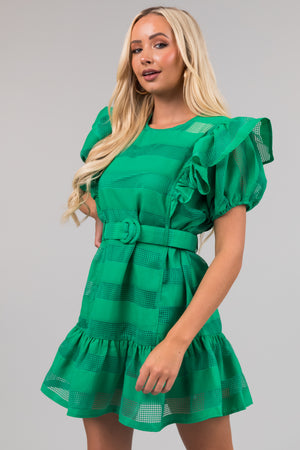 Kelly Green Ruffle Belted Waist Striped Mini Dress