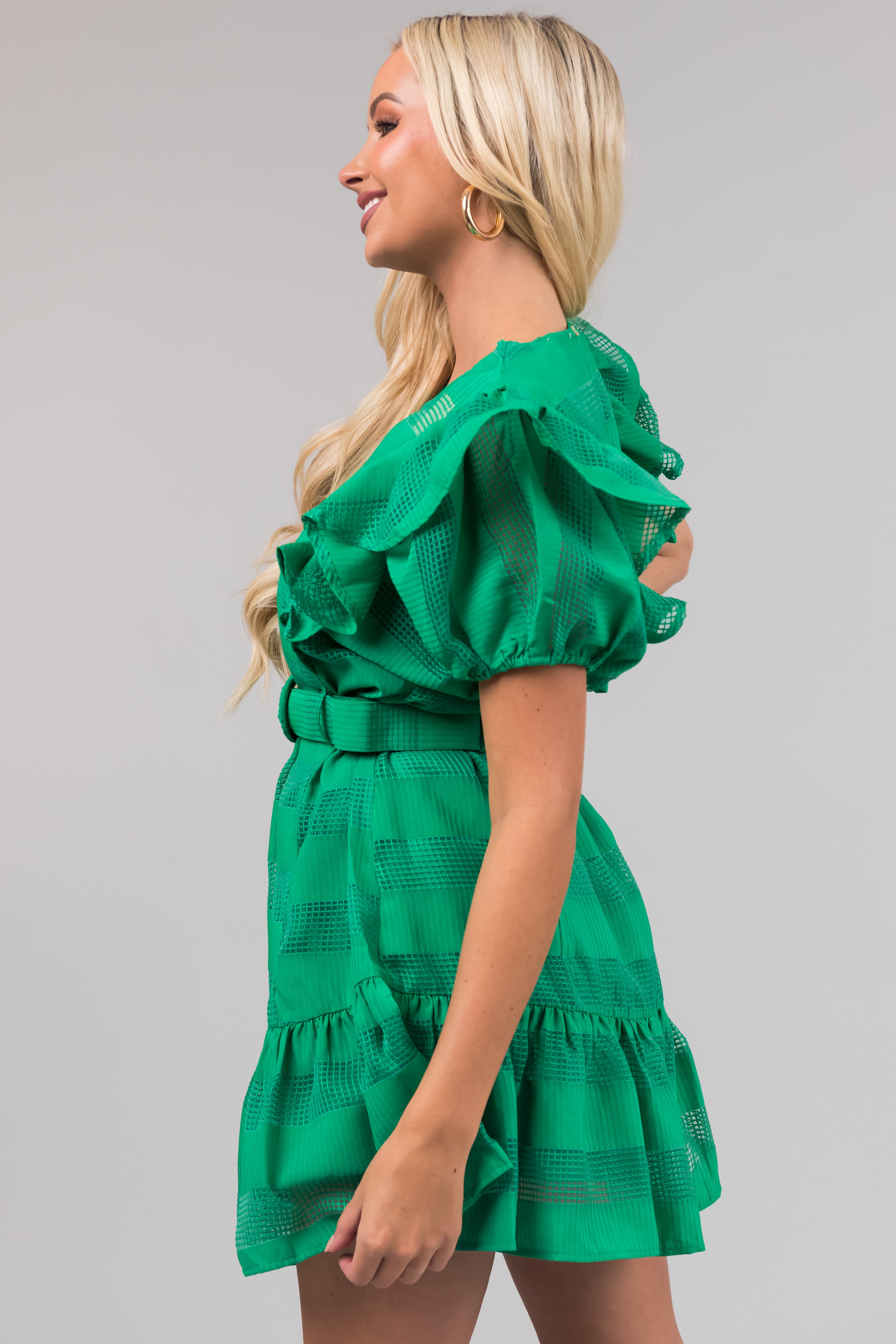 Kelly Green Ruffle Belted Waist Striped Mini Dress