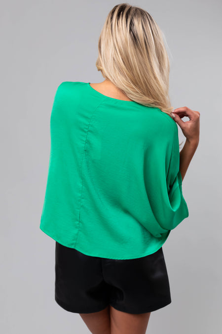 Kelly Green Satin Kimono Sleeve V Neck Crop Top