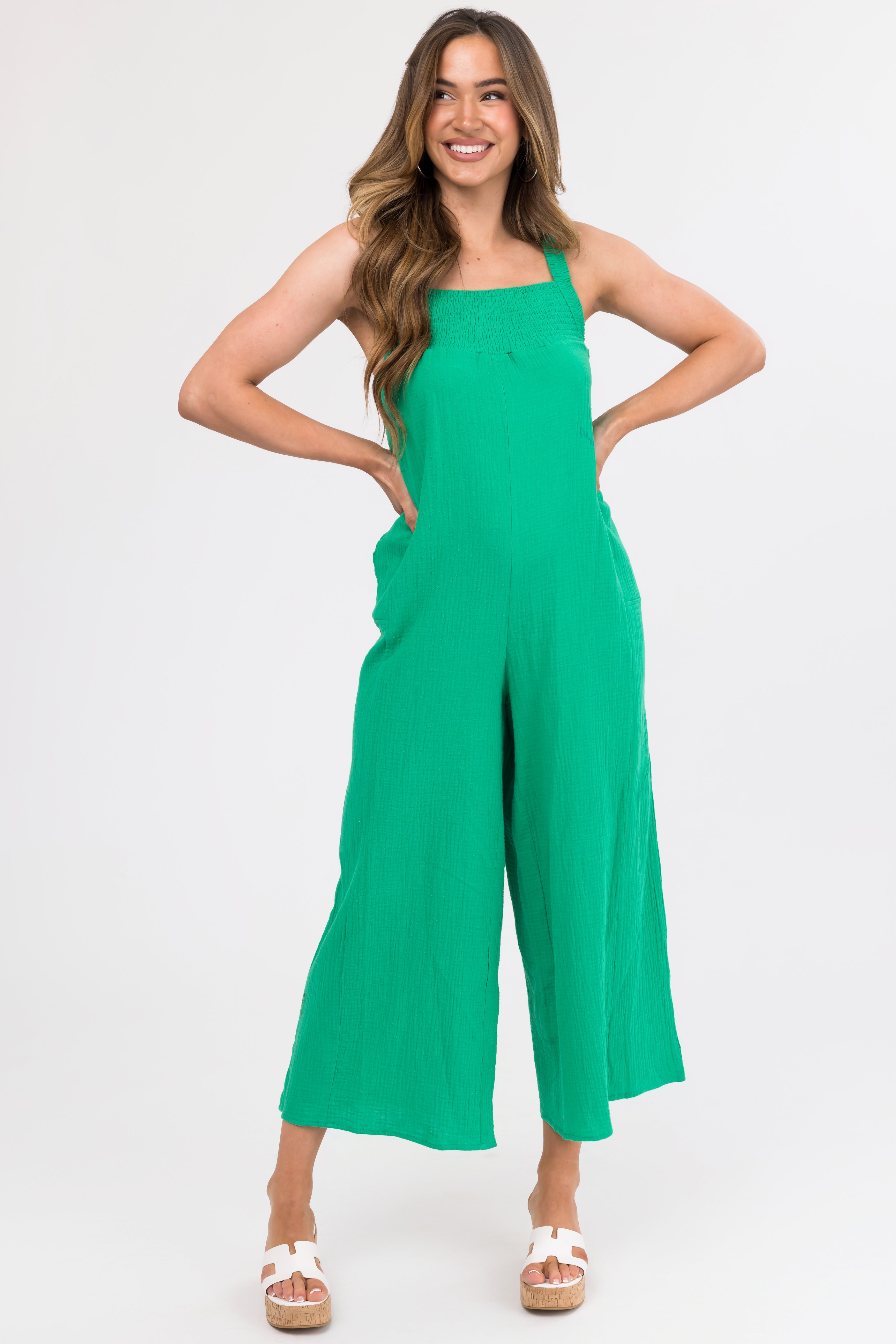 Kelly Green Sleeveless Wide Leg Jumpsuit