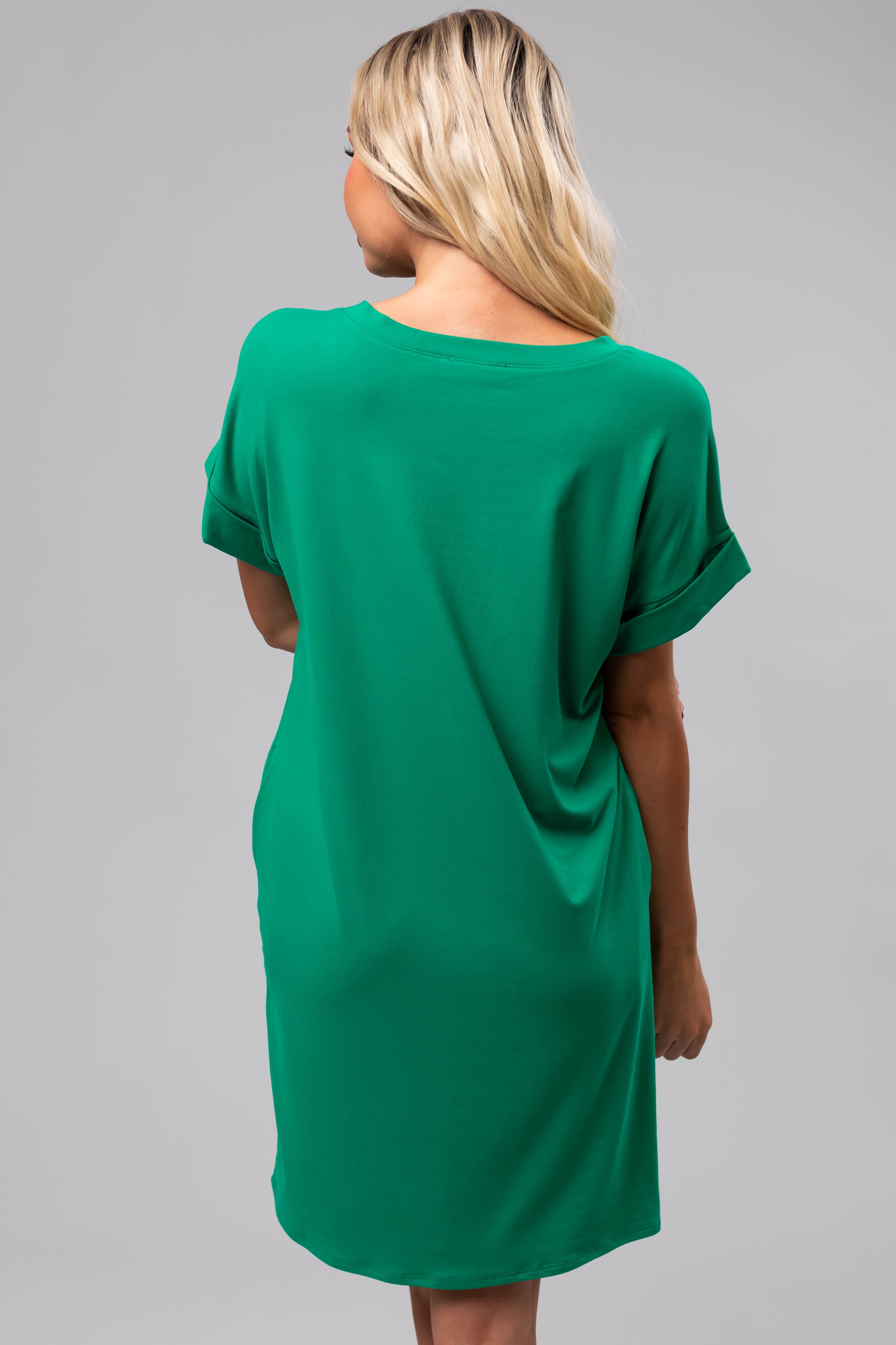 Kelly Green Soft V Neck Short Sleeve Mini Dress